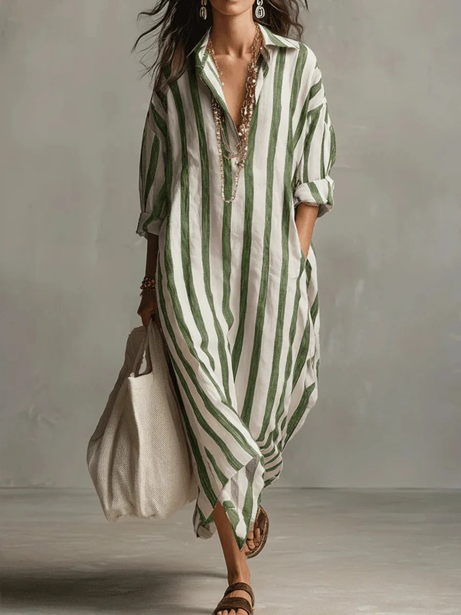Rosalinda | Women's Striped Long Sleeve Maxi Shirt Dress - Striped - Image 5