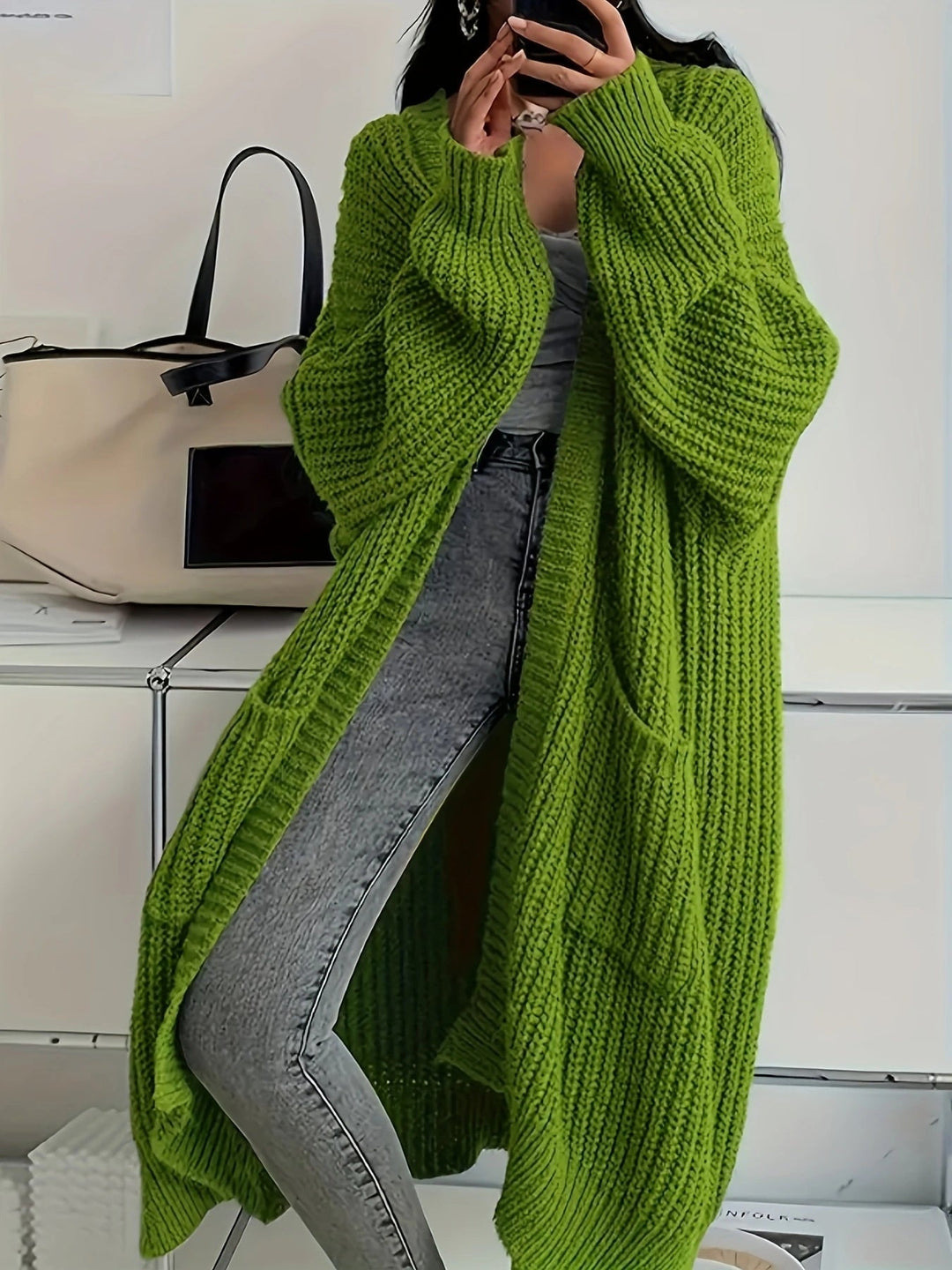 Rowena | Women's Oversized Long Knit Cardigan - Brown - Image 3