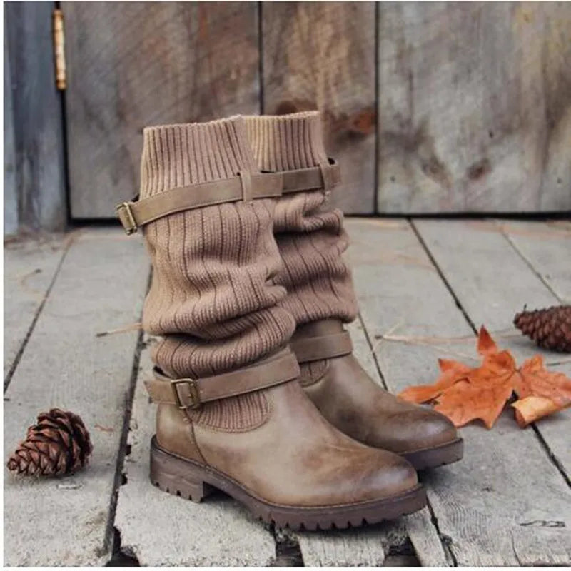 Rowena | Women's Winter Boots with Slouch Knit Shaft - Taupe - Image 1