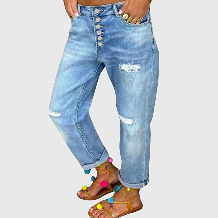 Sable | Women's High Waist Distressed Boyfriend Jeans - Light Blue - Image 1
