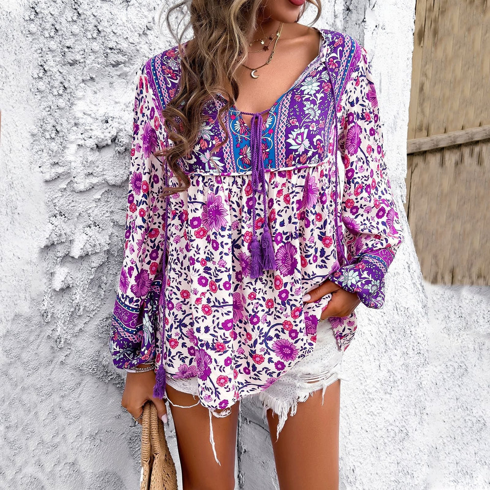 Saffron | Women's Boho Floral V-Neck Long Sleeve Blouse - Image 2