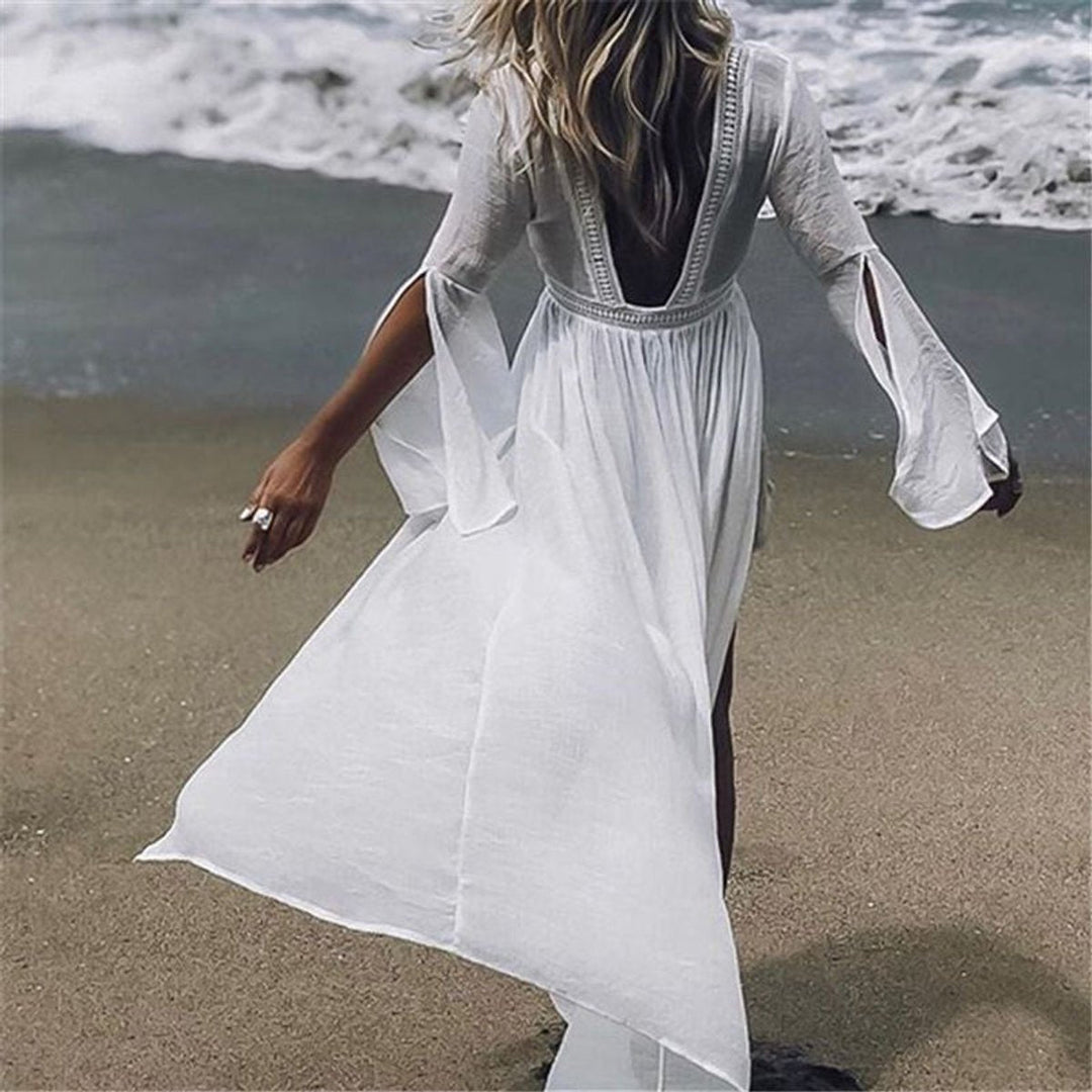 Selene | Women's Open Back Bell Sleeve Maxi Dress - White - Image 1