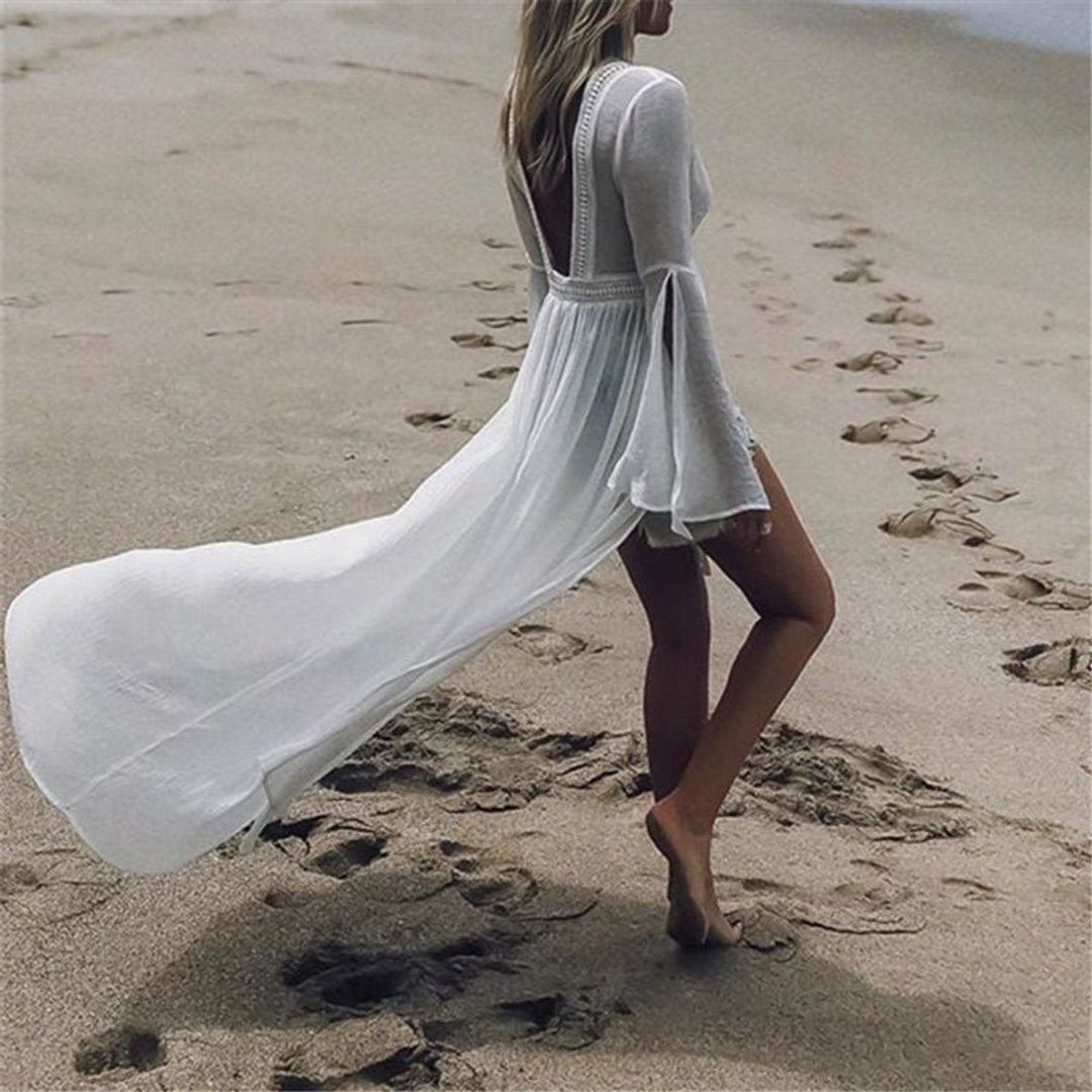 Selene | Women's Open Back Bell Sleeve Maxi Dress - White - Image 3