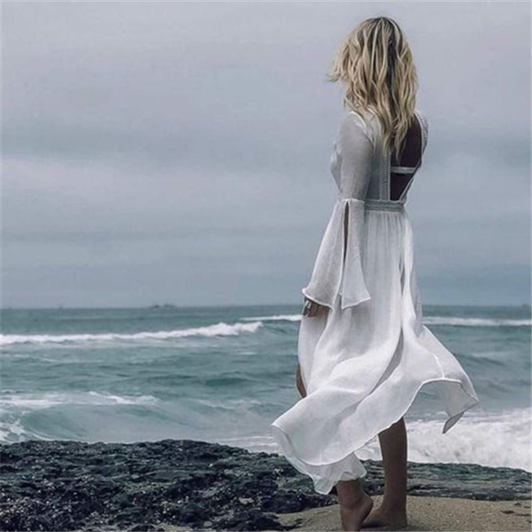 Selene | Women's Open Back Bell Sleeve Maxi Dress - White - Image 7