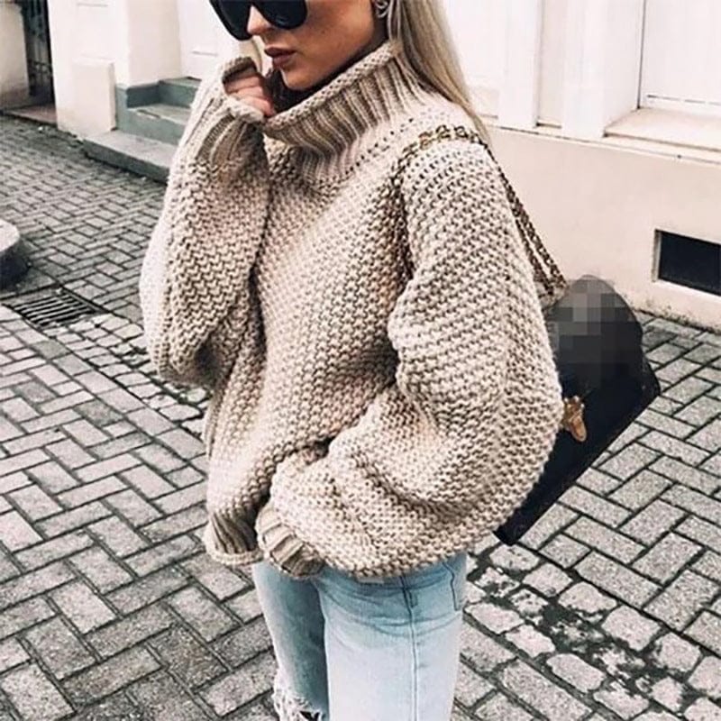 Serafina | Women's Oversized Chunky Knit Turtleneck Sweater - Beige - Image 1
