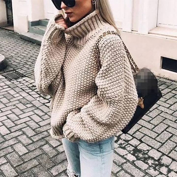 Serafina | Women's Oversized Chunky Knit Turtleneck Sweater - Beige - Image 1