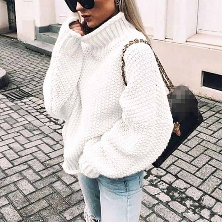 Serafina | Women's Oversized Chunky Knit Turtleneck Sweater - Beige - Image 3