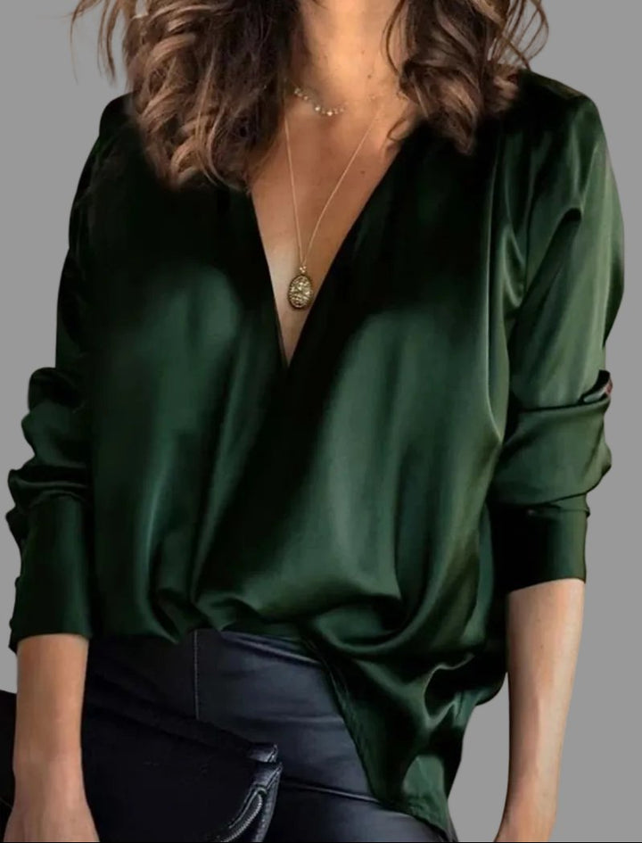 Severine | Women's Deep V-Neck Long Sleeve Blouse - Dark Green - Image 1