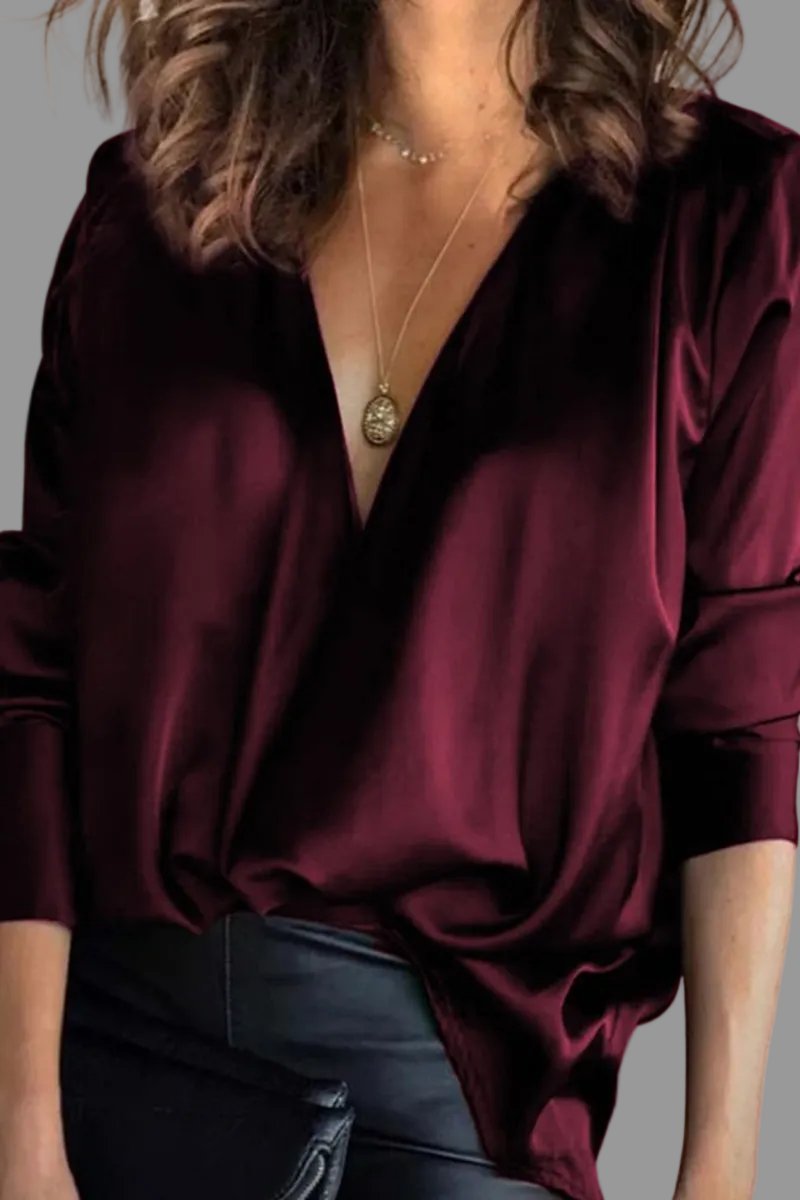 Severine | Women's Deep V-Neck Long Sleeve Blouse - Dark Green - Image 2