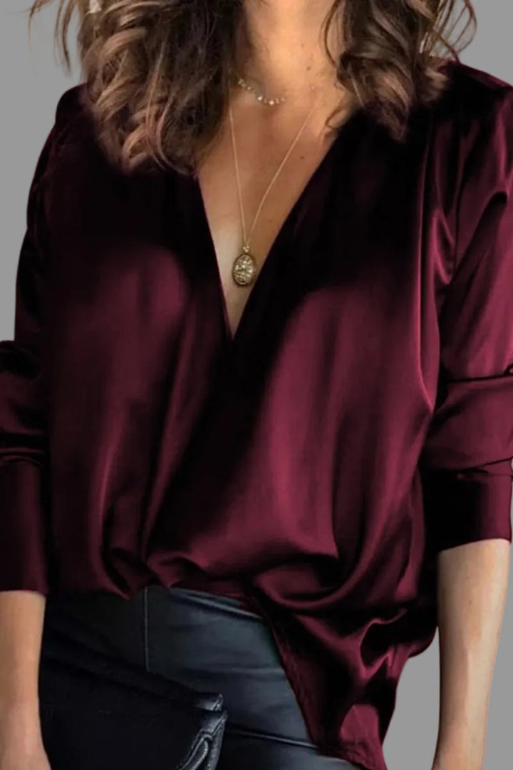 Severine | Women's Deep V-Neck Long Sleeve Blouse - Dark Green - Image 2