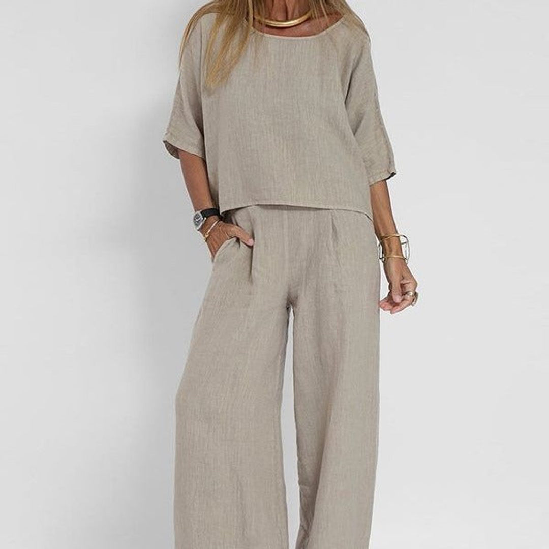 Sloane | Women's 2 Piece Short Sleeve Wide Leg Pants Set - Taupe - Image 1