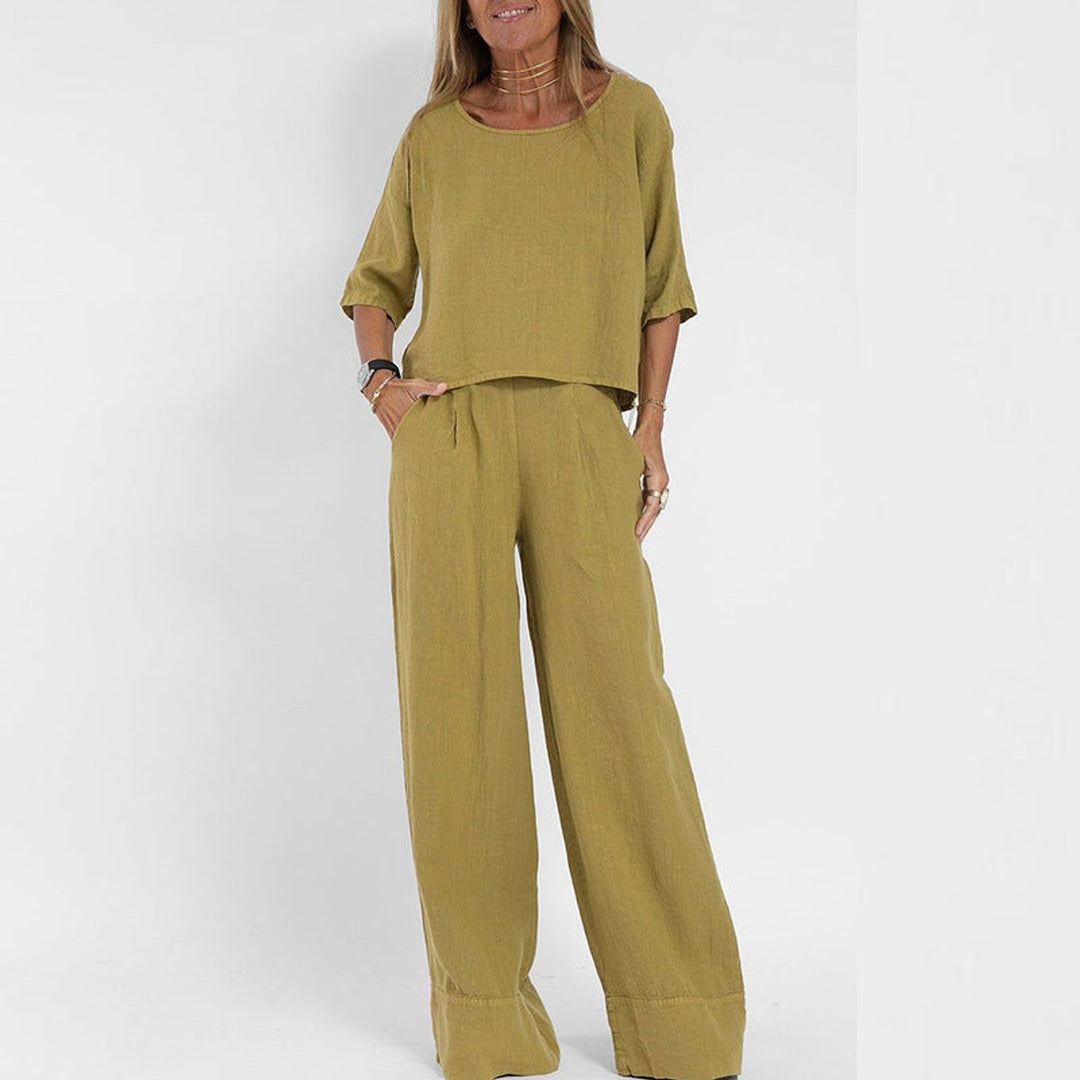 Sloane | Women's 2 Piece Short Sleeve Wide Leg Pants Set - Taupe - Image 2