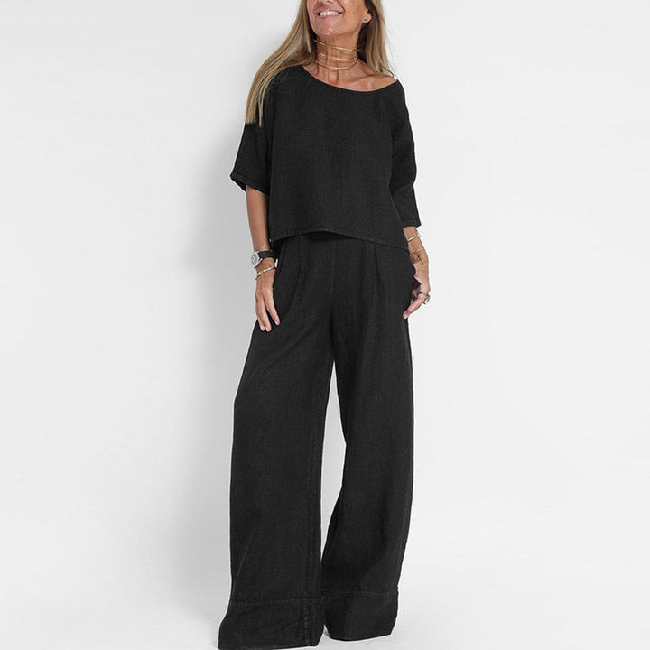 Sloane | Women's 2 Piece Short Sleeve Wide Leg Pants Set - Taupe - Image 3