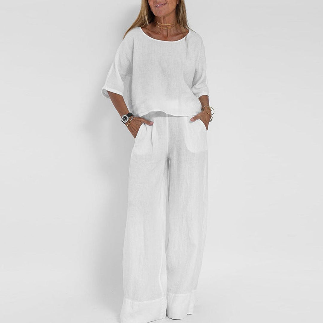 Sloane | Women's 2 Piece Short Sleeve Wide Leg Pants Set - Taupe - Image 4