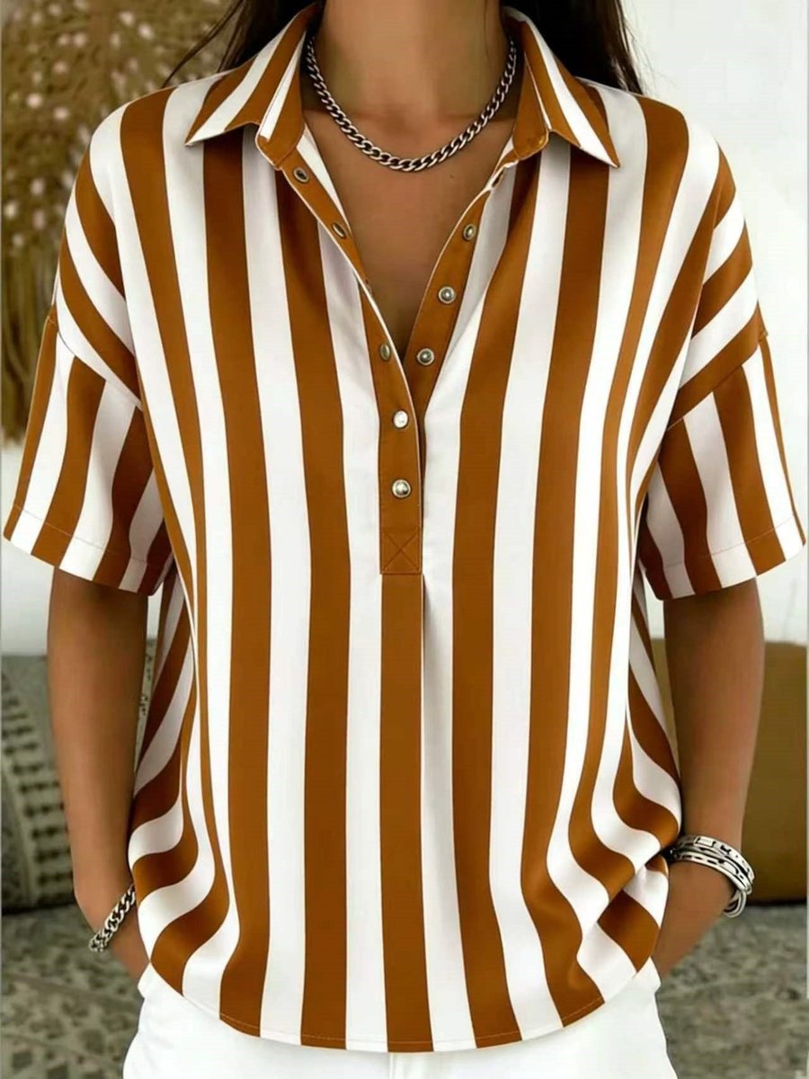 Solène | Women's Striped Collared Short Sleeve Blouse - Striped - Image 10