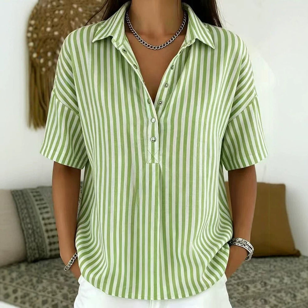 Solène | Women's Striped Collared Short Sleeve Blouse - Striped - Image 2