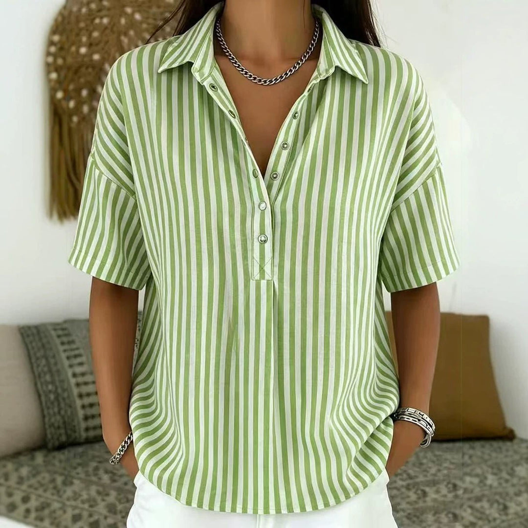 Solène | Women's Striped Collared Short Sleeve Blouse - Striped - Image 2