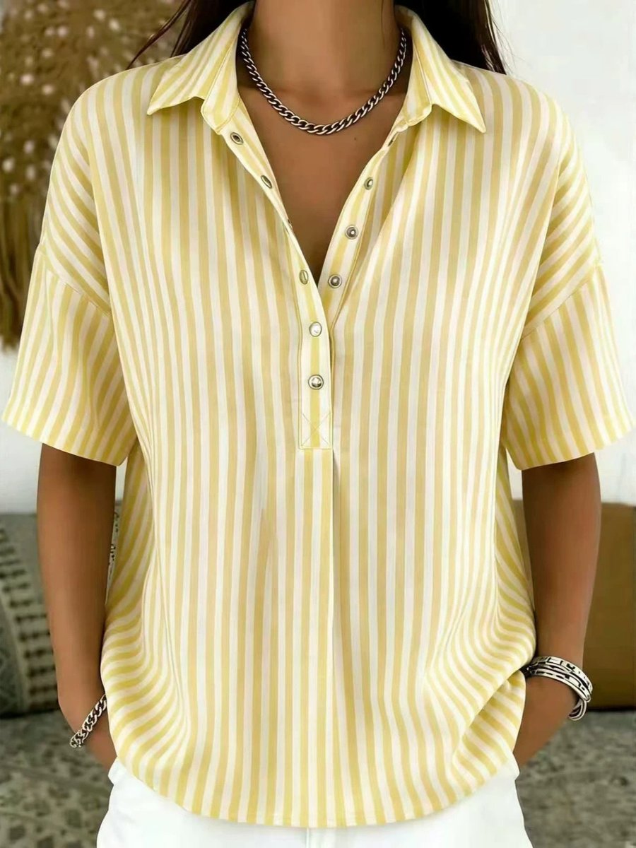 Solène | Women's Striped Collared Short Sleeve Blouse - Striped - Image 3