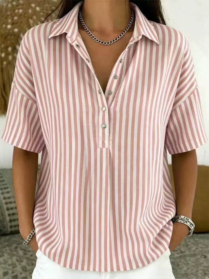 Solène | Women's Striped Collared Short Sleeve Blouse - Striped - Image 4