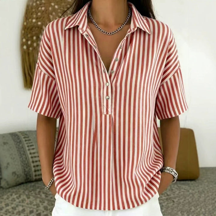 Solène | Women's Striped Collared Short Sleeve Blouse - Striped - Image 5