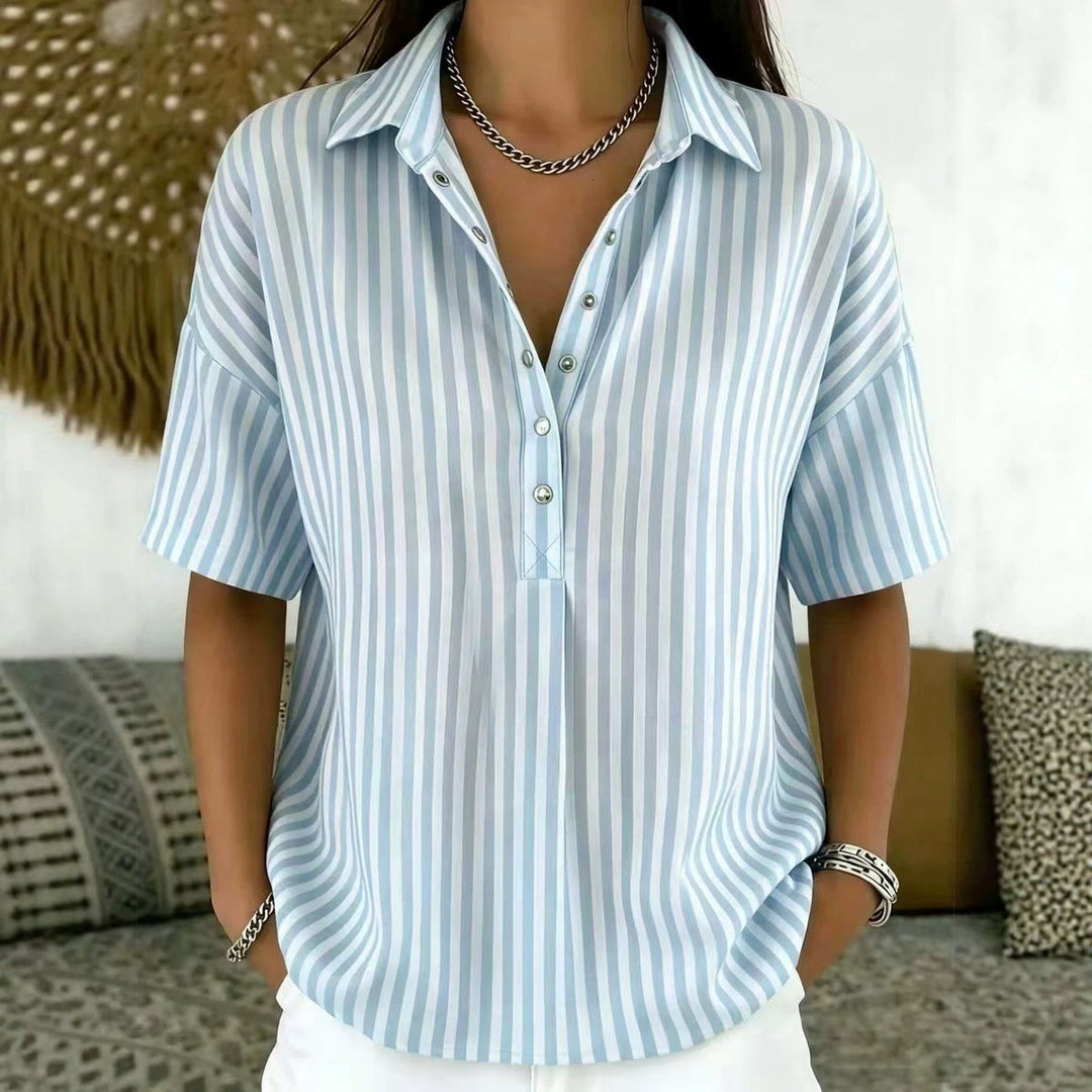 Solène | Women's Striped Collared Short Sleeve Blouse - Striped - Image 7