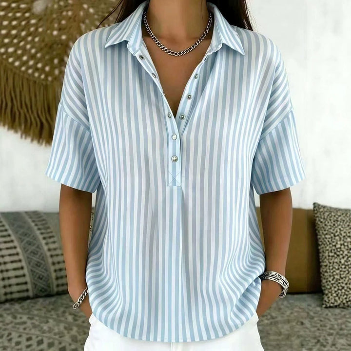 Solène | Women's Striped Collared Short Sleeve Blouse - Striped - Image 7
