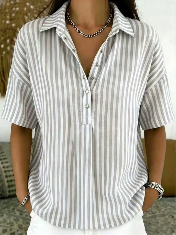 Solène | Women's Striped Collared Short Sleeve Blouse - Striped - Image 8