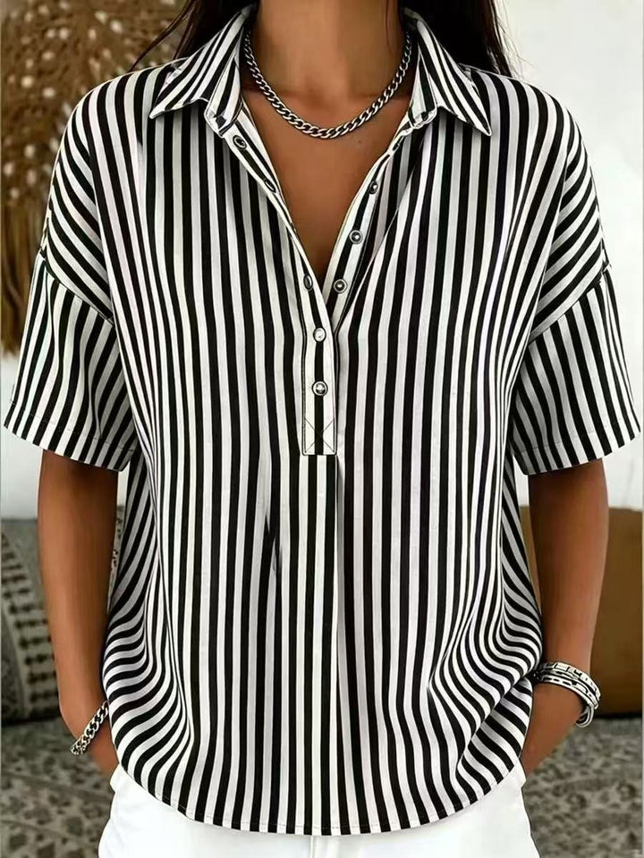 Solène | Women's Striped Collared Short Sleeve Blouse - Striped - Image 9