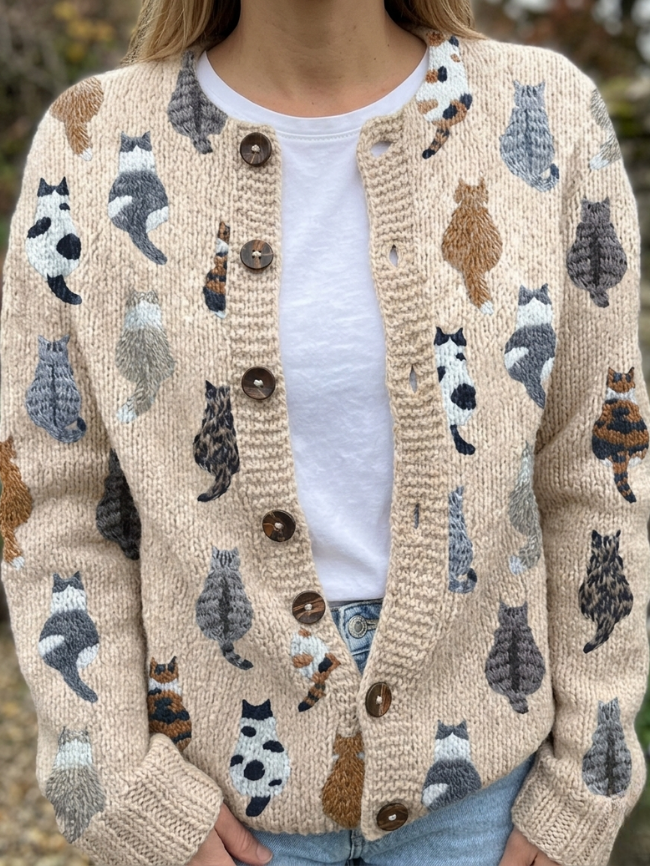 Solvara | Women's Cat Print Button-Front Cardigan - Beige - Image 1