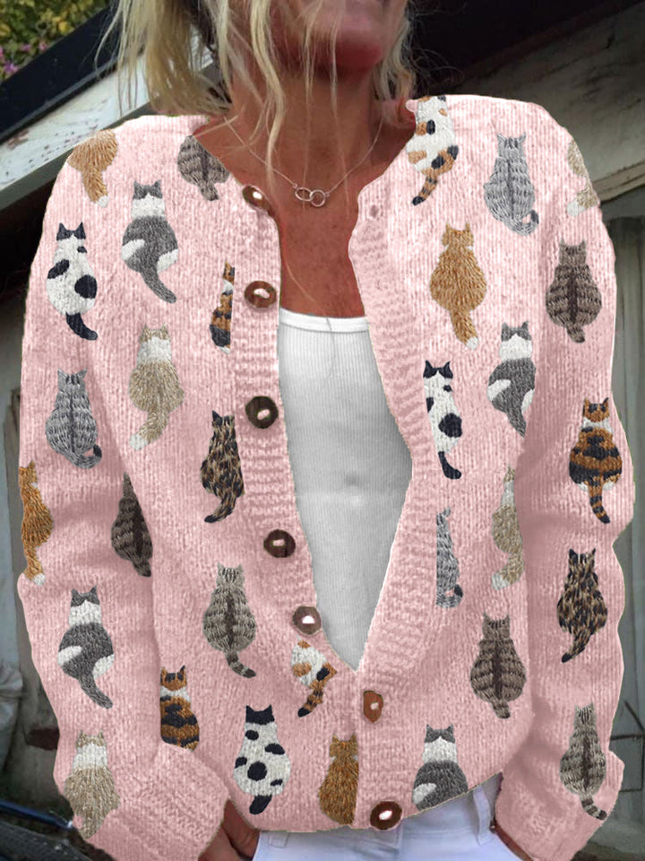 Solvara | Women's Cat Print Button-Front Cardigan - Beige - Image 2