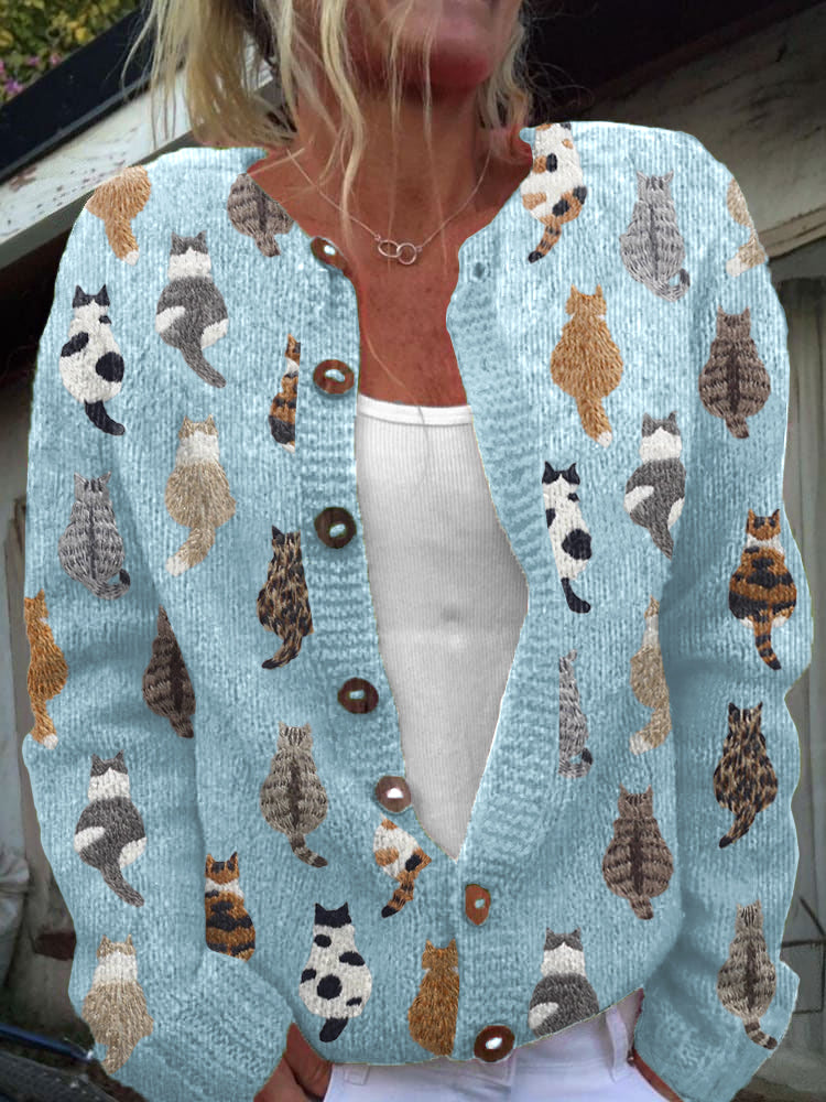 Solvara | Women's Cat Print Button-Front Cardigan - Beige - Image 3