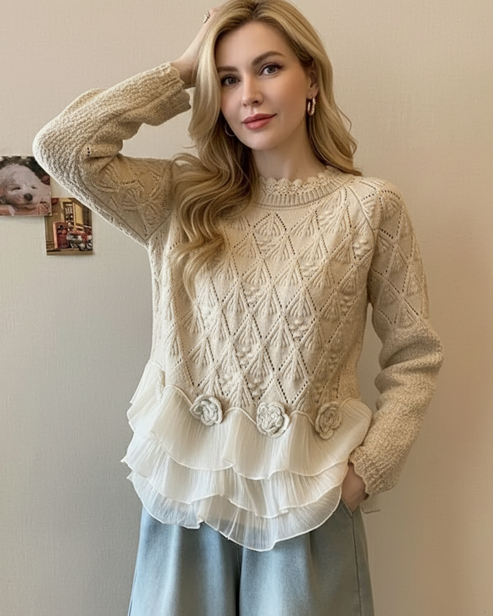 Soraya | Women's Cable Knit Ruffle Hem Sweater - Cream - Image 1