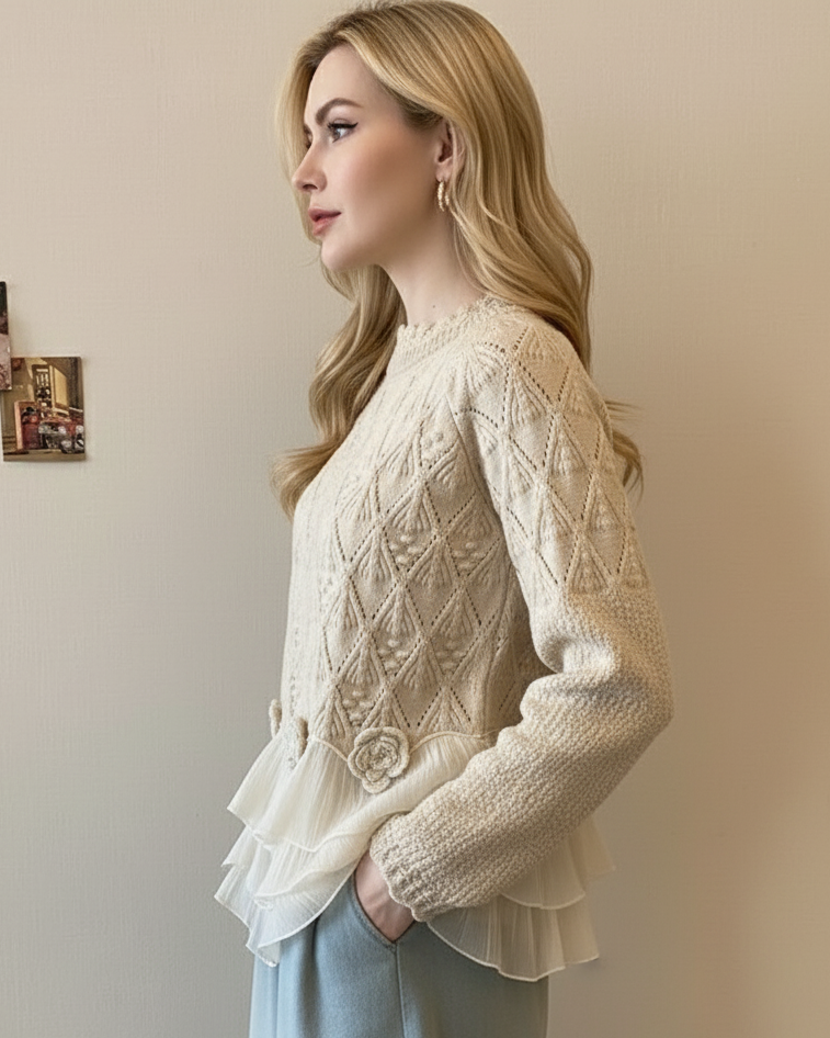 Soraya | Women's Cable Knit Ruffle Hem Sweater - Cream - Image 3