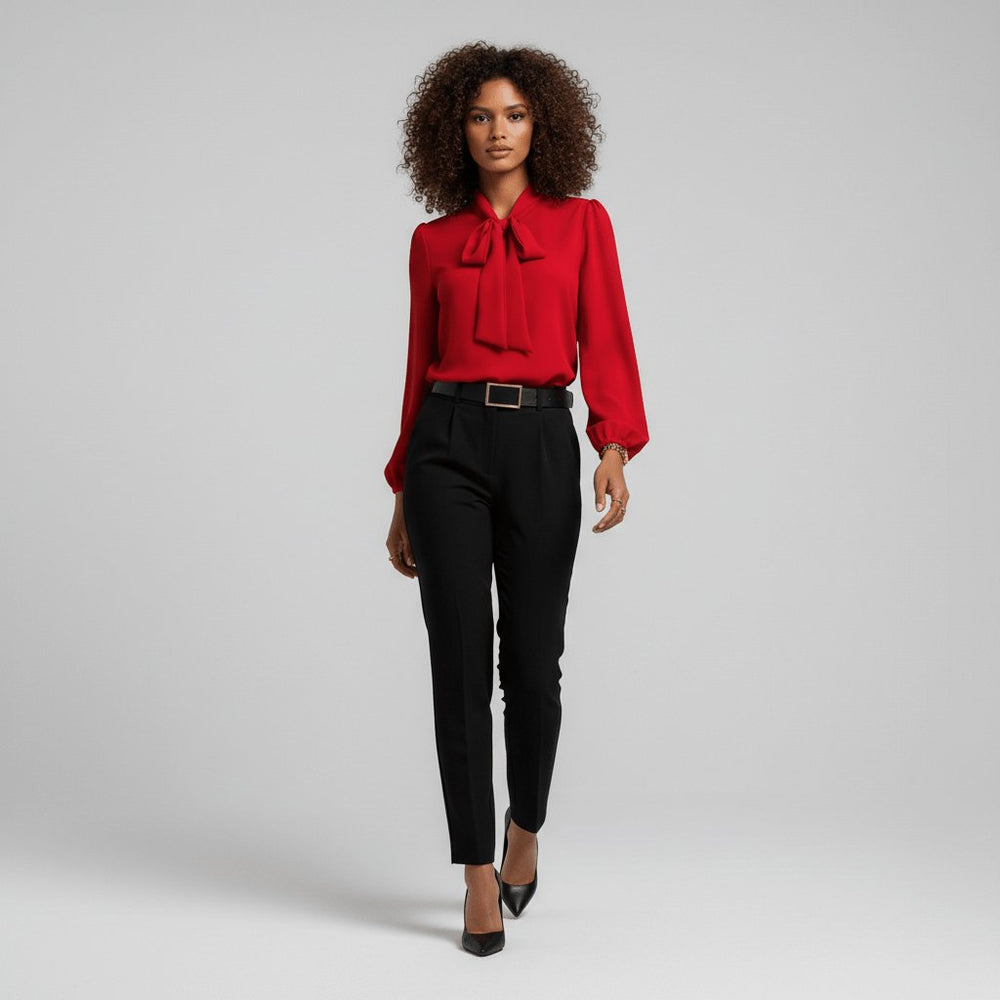 Tallulah | Women's Bow Tie Neck Long Sleeve Blouse - Red - Image 2