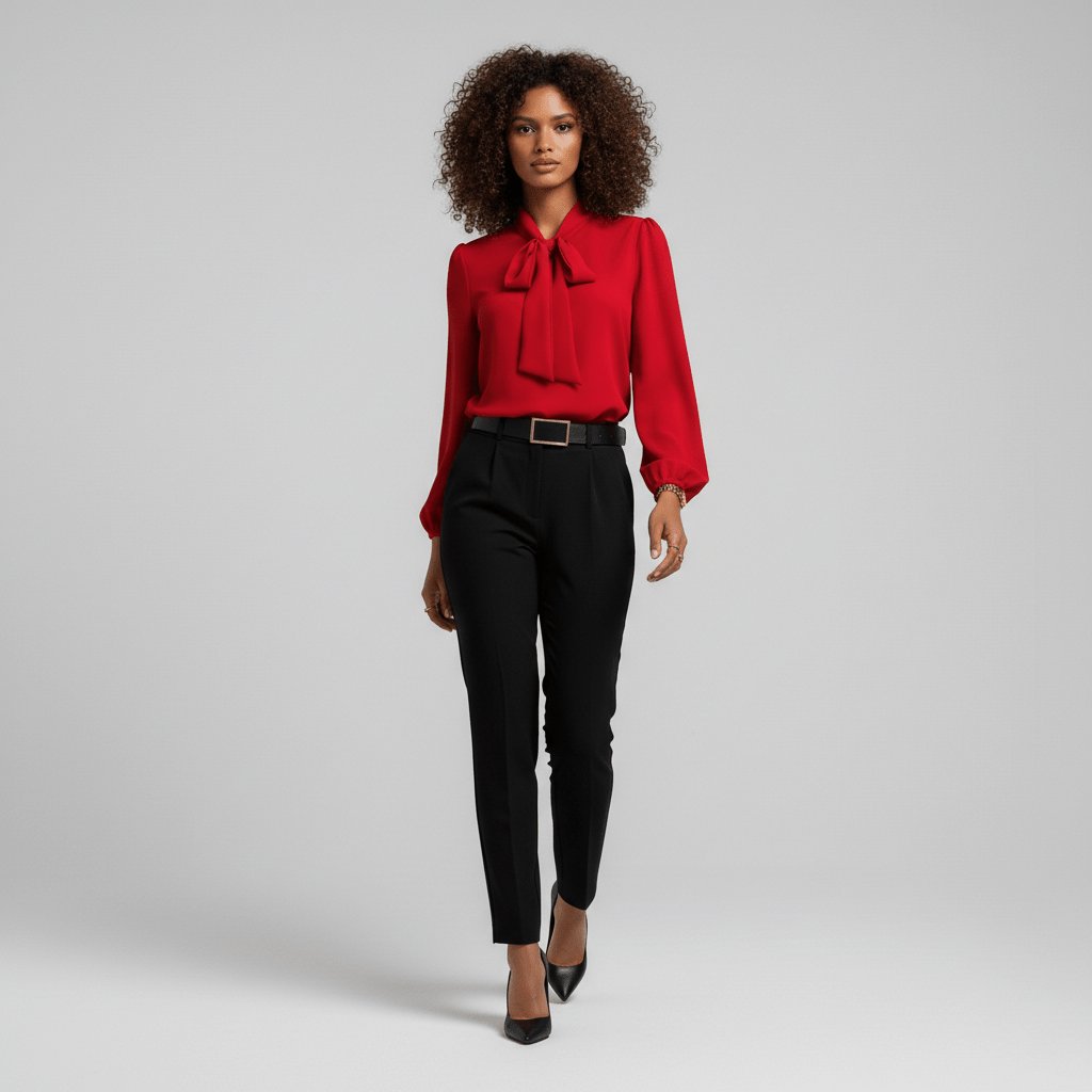 Tallulah | Women's Bow Tie Neck Long Sleeve Blouse - Red - Image 2
