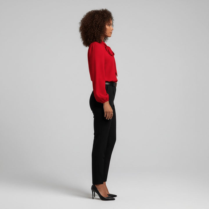 Tallulah | Women's Bow Tie Neck Long Sleeve Blouse - Red - Image 3