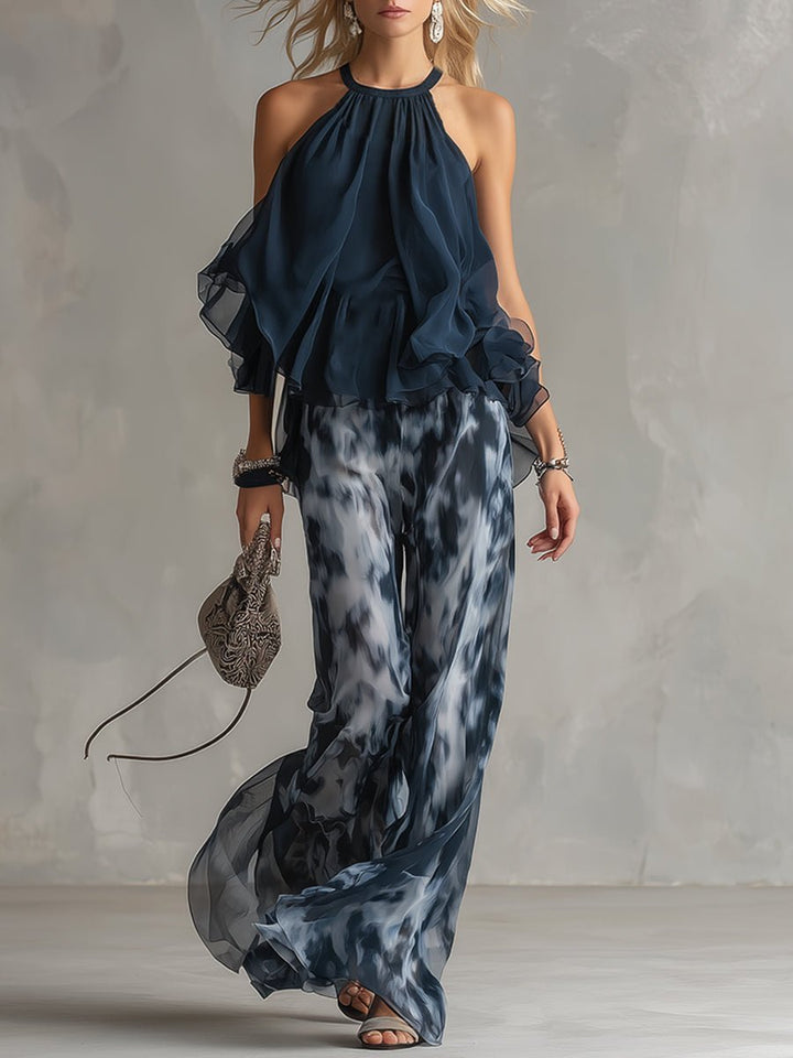 Tatum | Women's Halter Neck Ruffle Top Wide Leg Pants Set - Tie Dye - Image 1