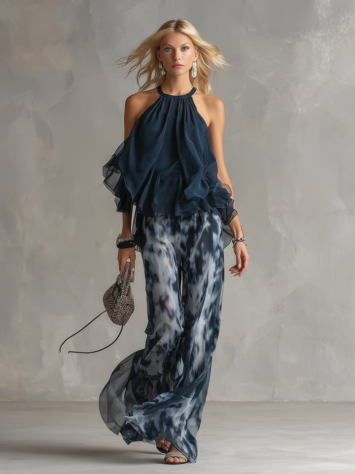 Tatum | Women's Halter Neck Ruffle Top Wide Leg Pants Set - Tie Dye - Image 2