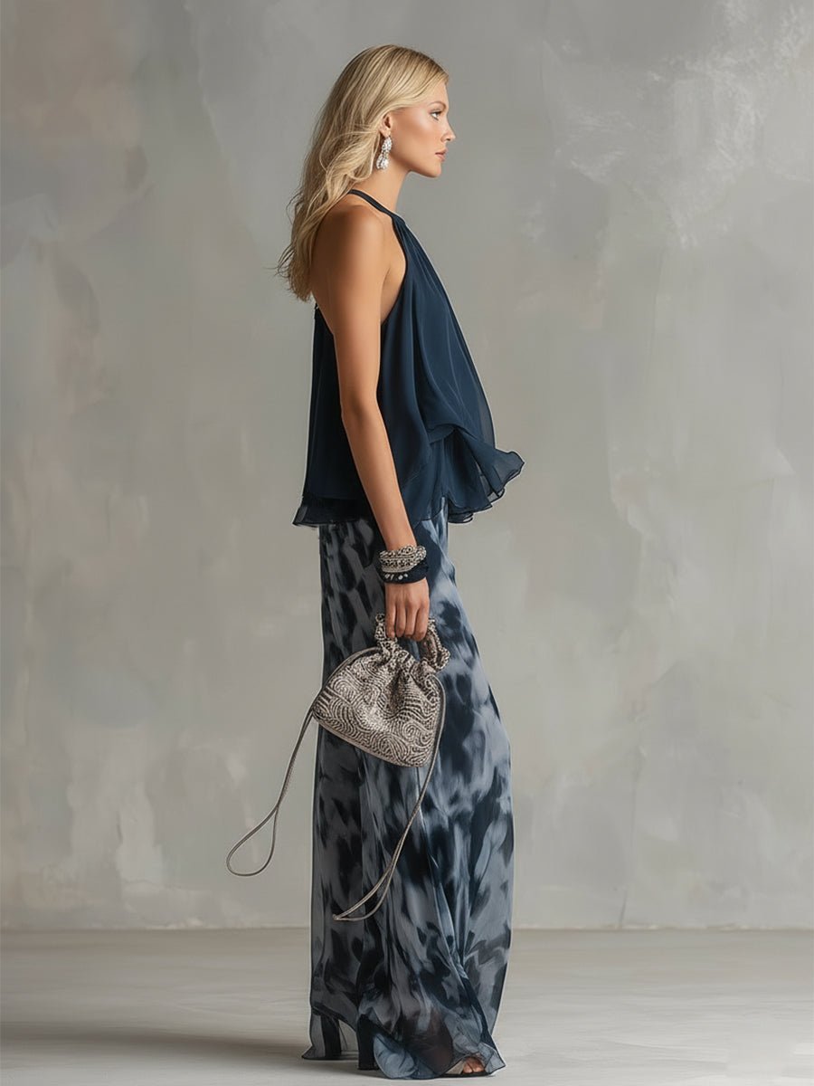 Tatum | Women's Halter Neck Ruffle Top Wide Leg Pants Set - Tie Dye - Image 3