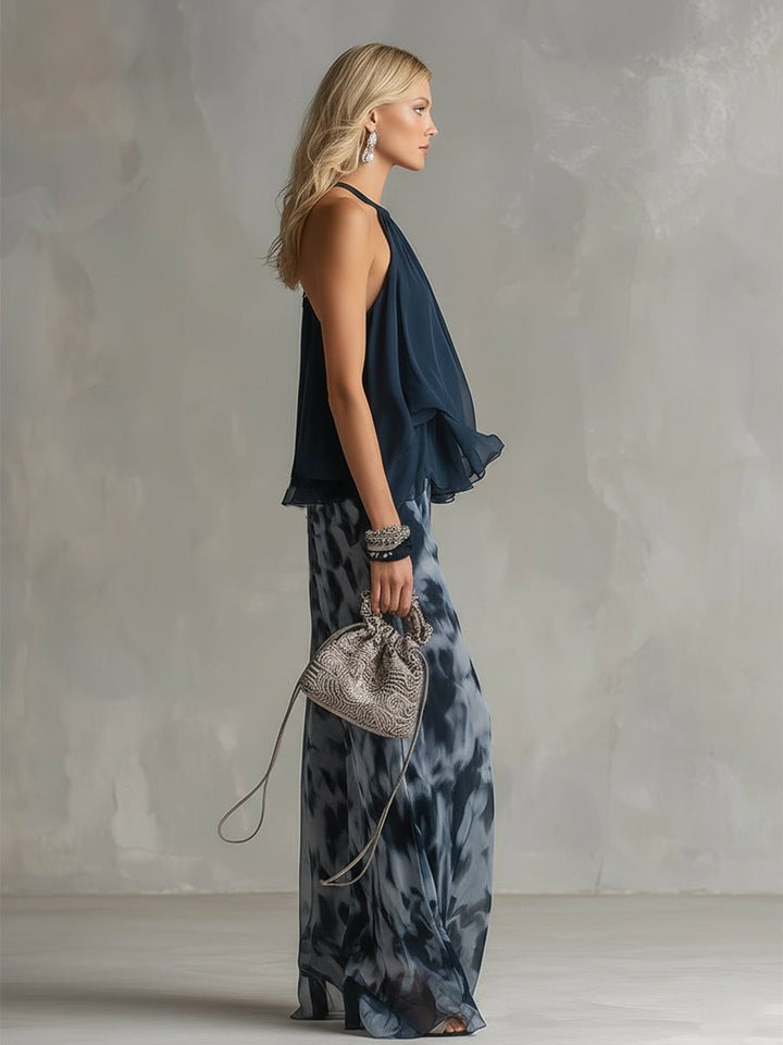 Tatum | Women's Halter Neck Ruffle Top Wide Leg Pants Set - Tie Dye - Image 3