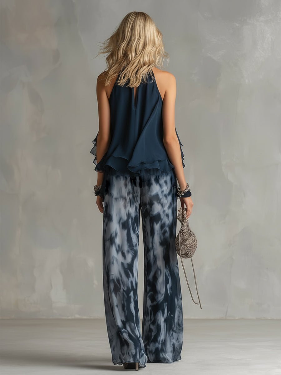 Tatum | Women's Halter Neck Ruffle Top Wide Leg Pants Set - Tie Dye - Image 4