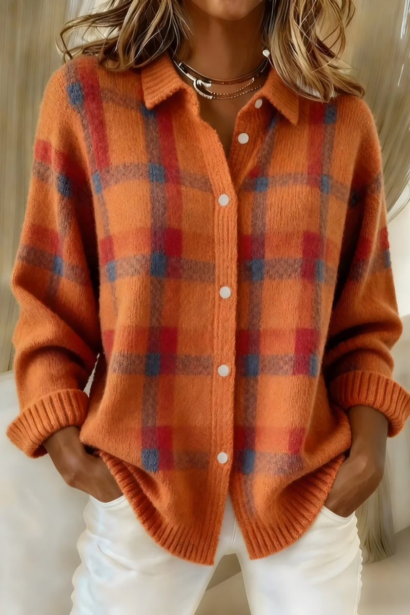Tavara | Women's Plaid Button-Up Sweater Cardigan - Orange - Image 1