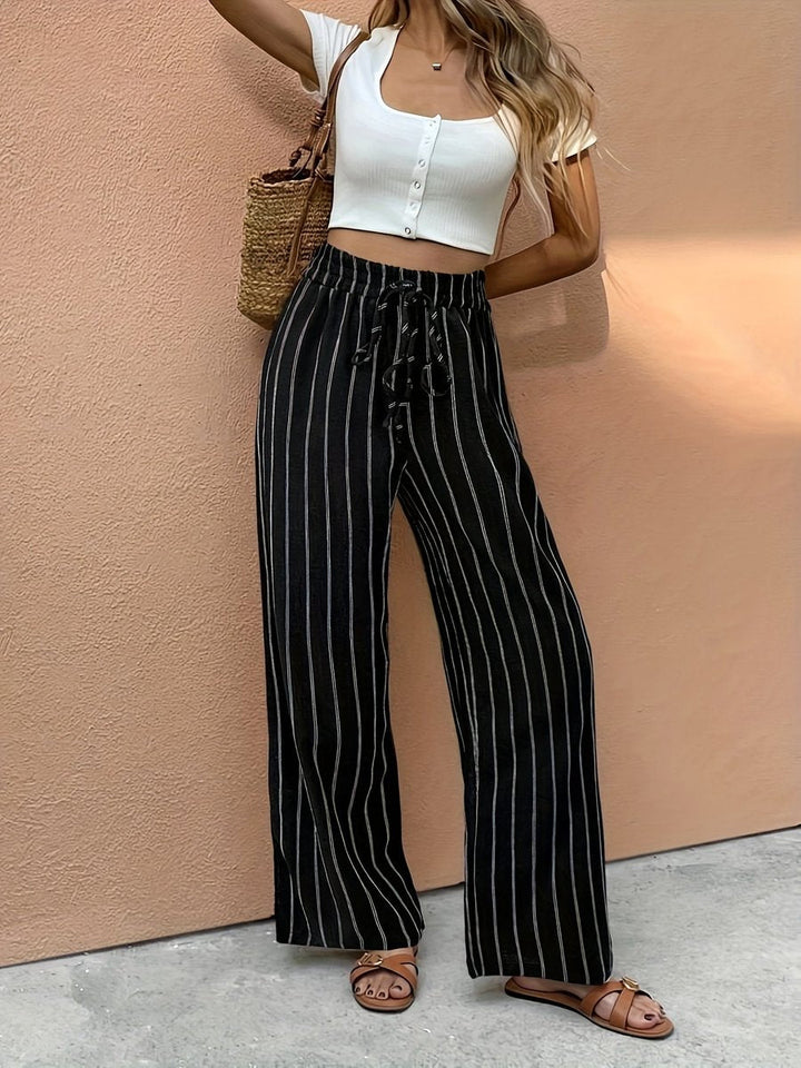 Tavita | Women's Striped Wide Leg Drawstring Pants - Striped - Image 3