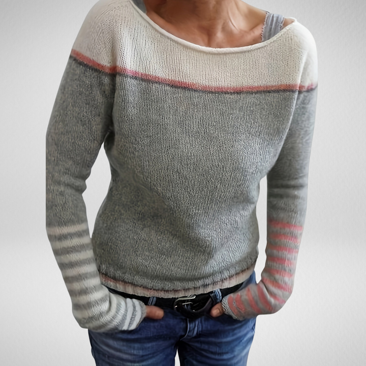 Tavitha | Women's Striped Boat Neck Knit Sweater - Grey - Image 1