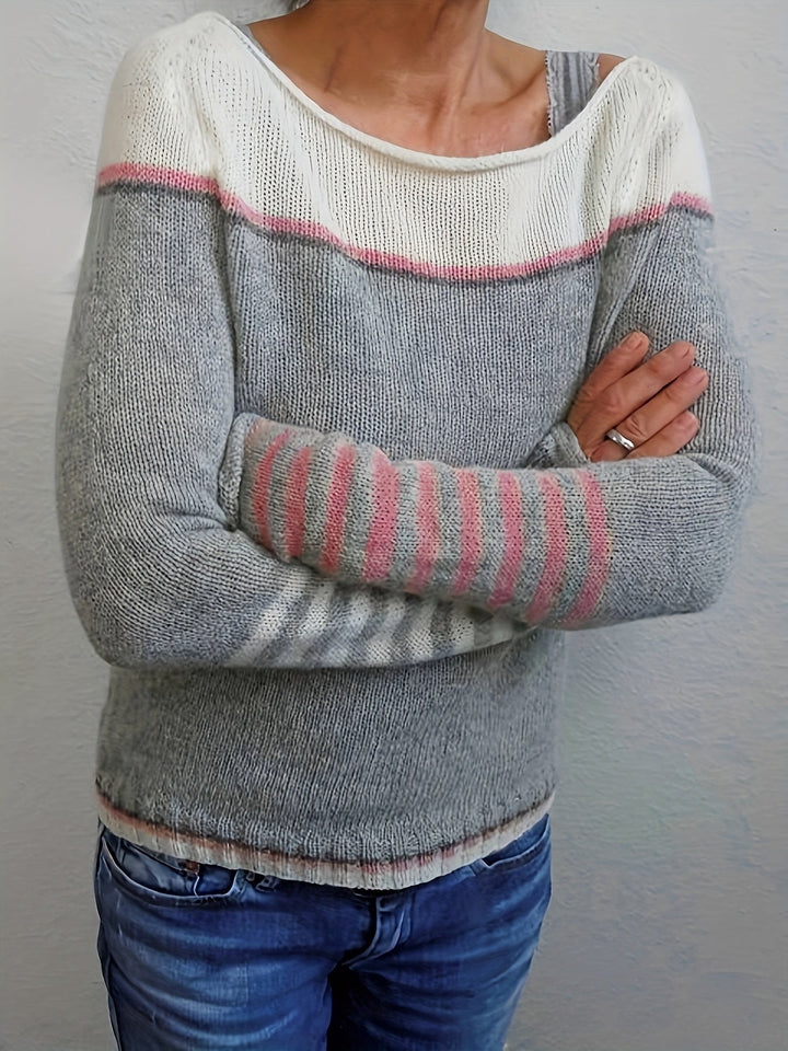 Tavitha | Women's Striped Boat Neck Knit Sweater - Grey - Image 3