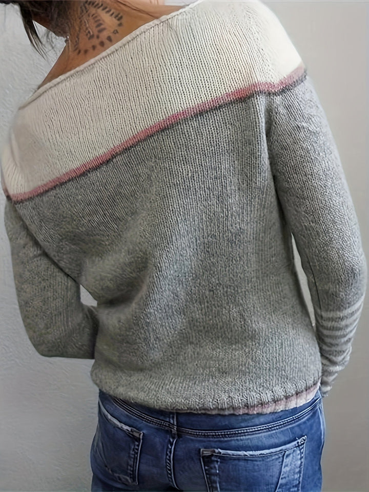 Tavitha | Women's Striped Boat Neck Knit Sweater - Grey - Image 4