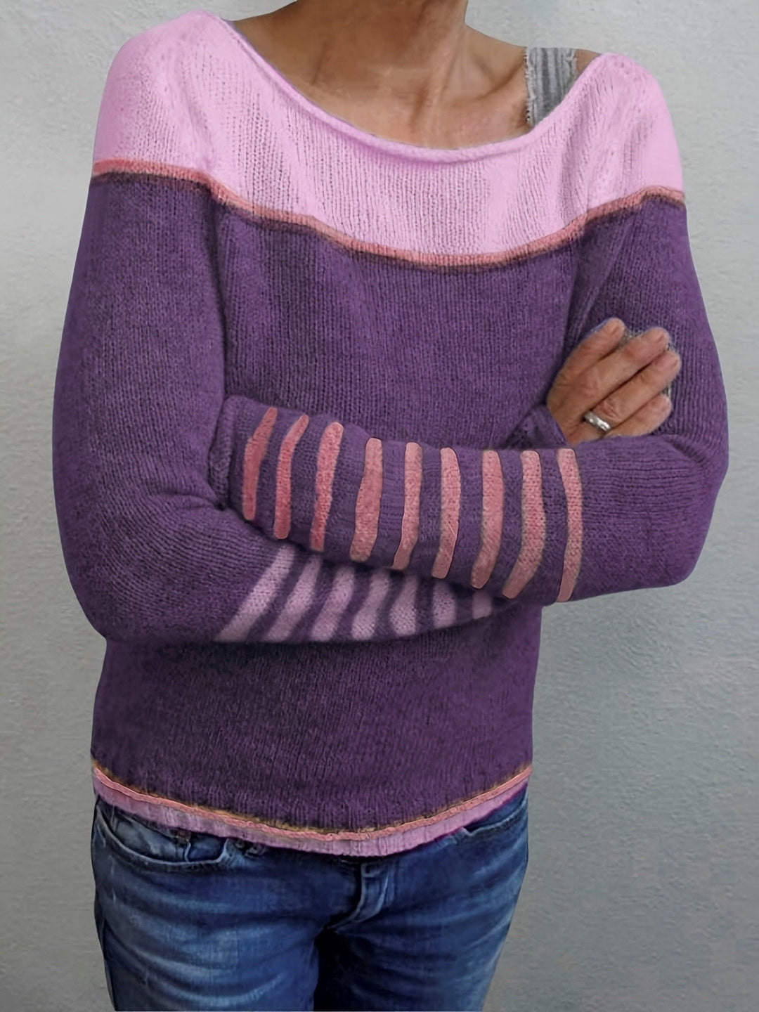 Tavitha | Women's Striped Boat Neck Knit Sweater - Grey - Image 9