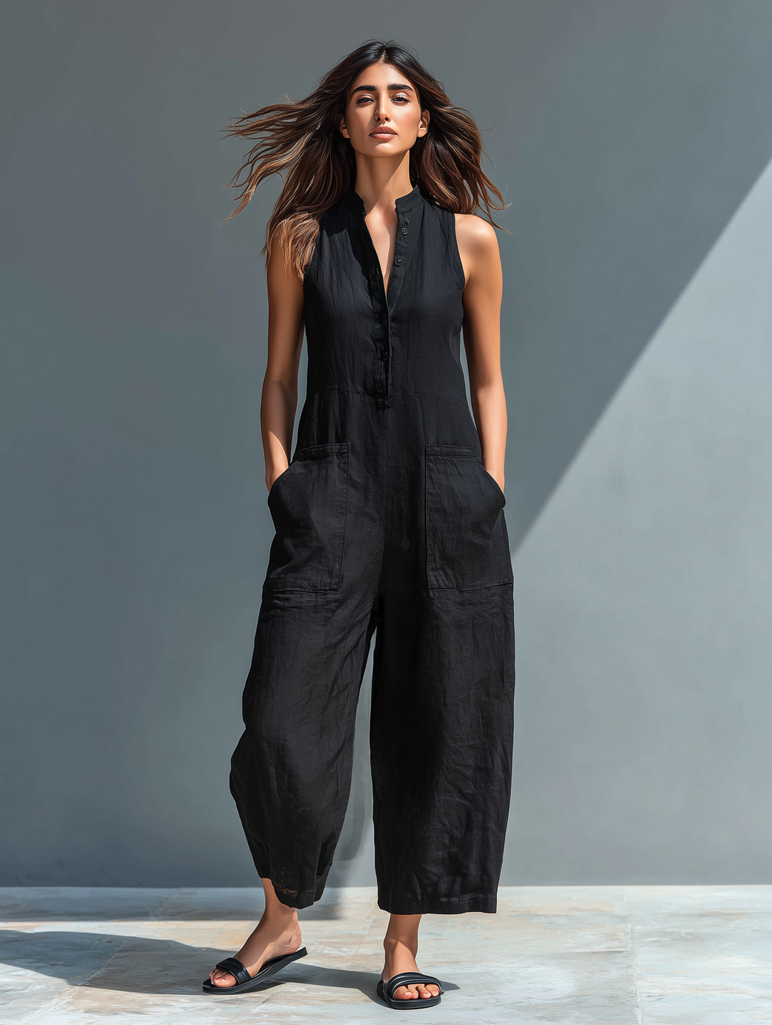 Thalia | Women's Sleeveless Mandarin Collar Jumpsuit - Black - Image 5