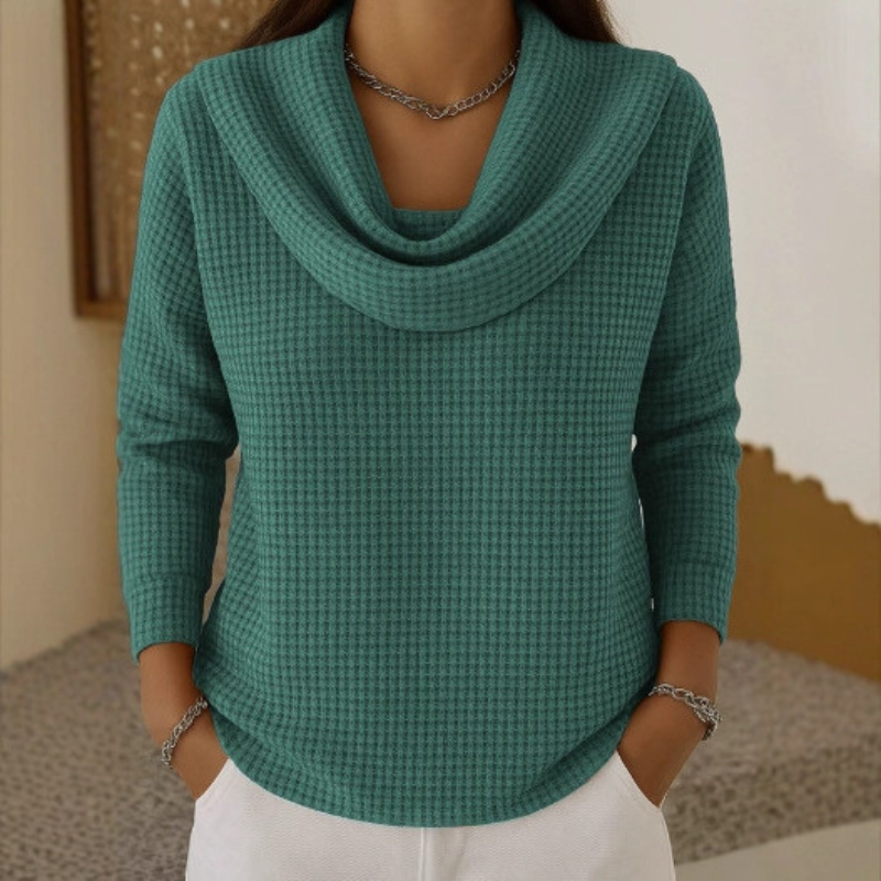 Thessaly | Women's Cowl Neck Waffle Knit Sweater - Teal - Image 1