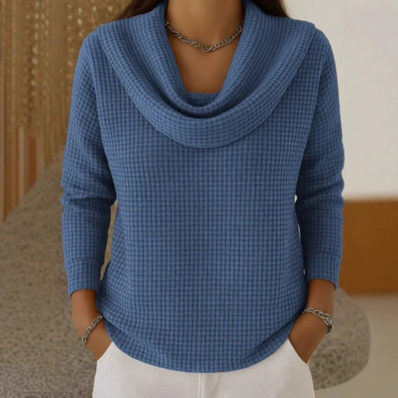 Thessaly | Women's Cowl Neck Waffle Knit Sweater - Teal - Image 2